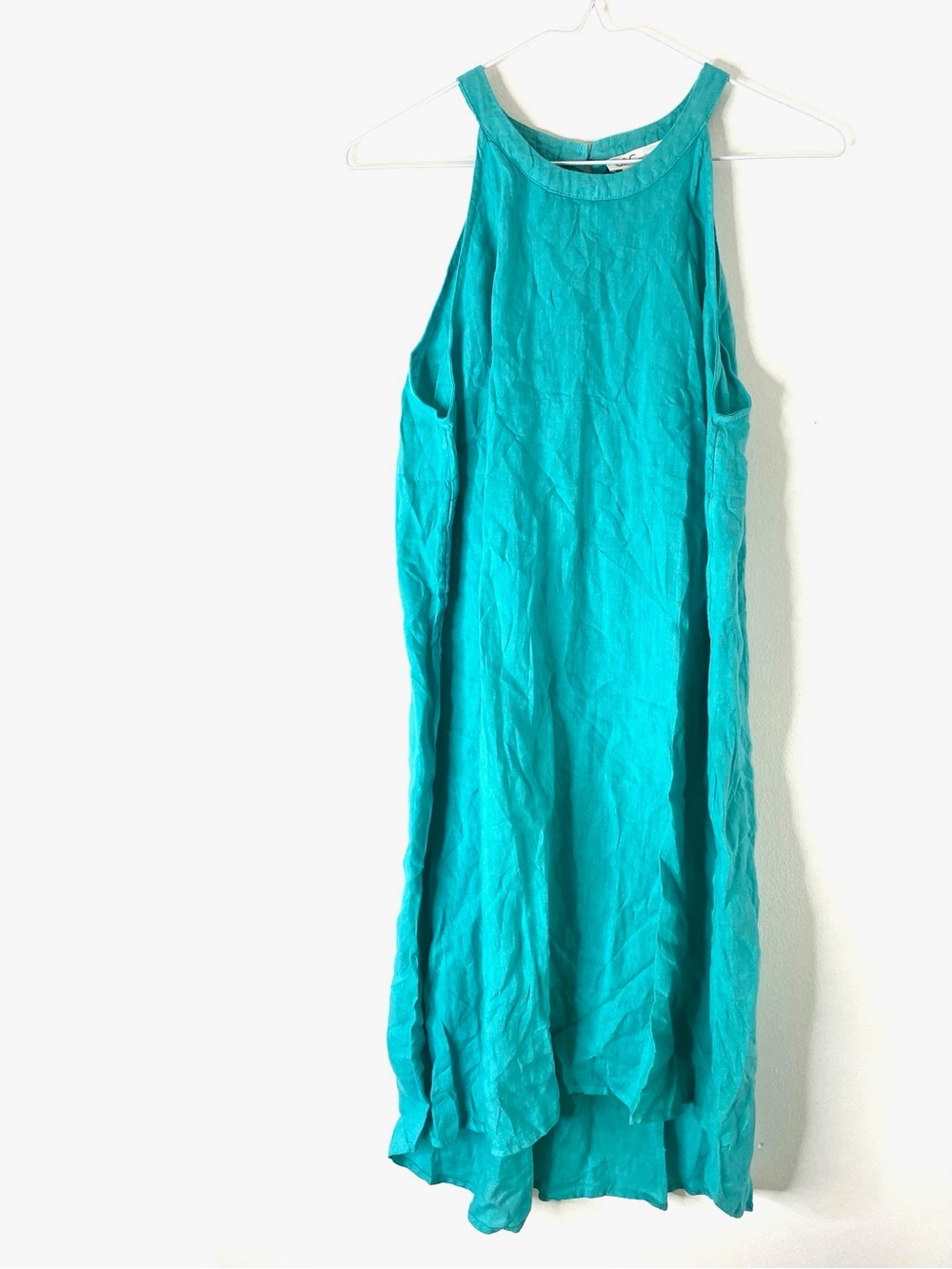 C&C California Aqua Green 100% Linen Dress Rounded Neck Keyhole Back